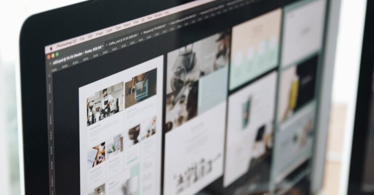 A modern computer screen displaying web design work, showcasing creative visuals in a workspace.